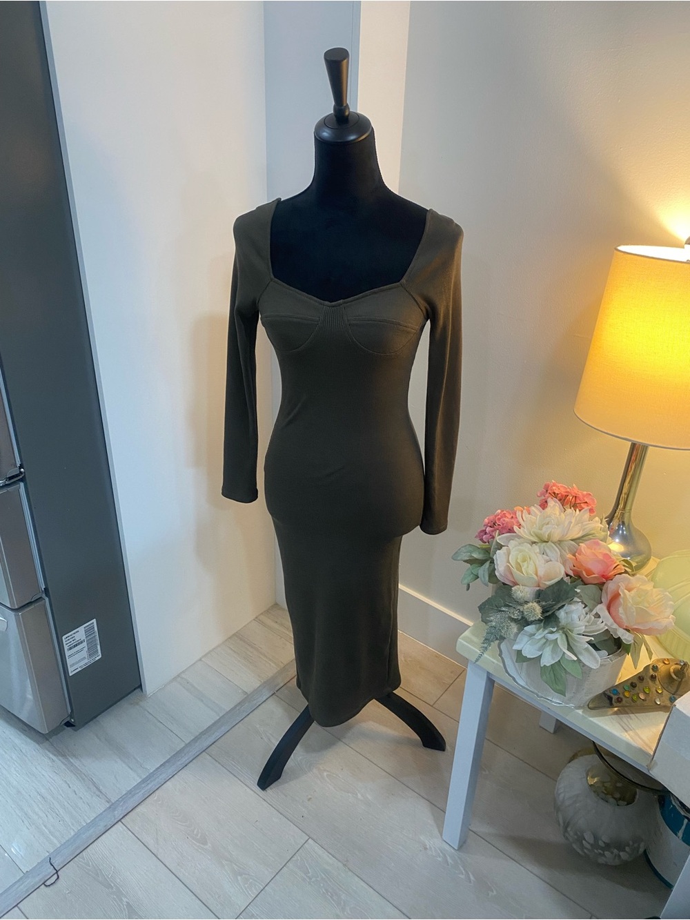 Fashion Nova Olive Long Sleeve Sweetheart Midi Dress